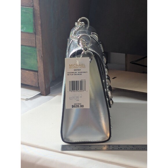 Michael Kors Studded Whitney Bag - Silver, White, Leather,Adjustable Chain Strap - Picture 3 of 14